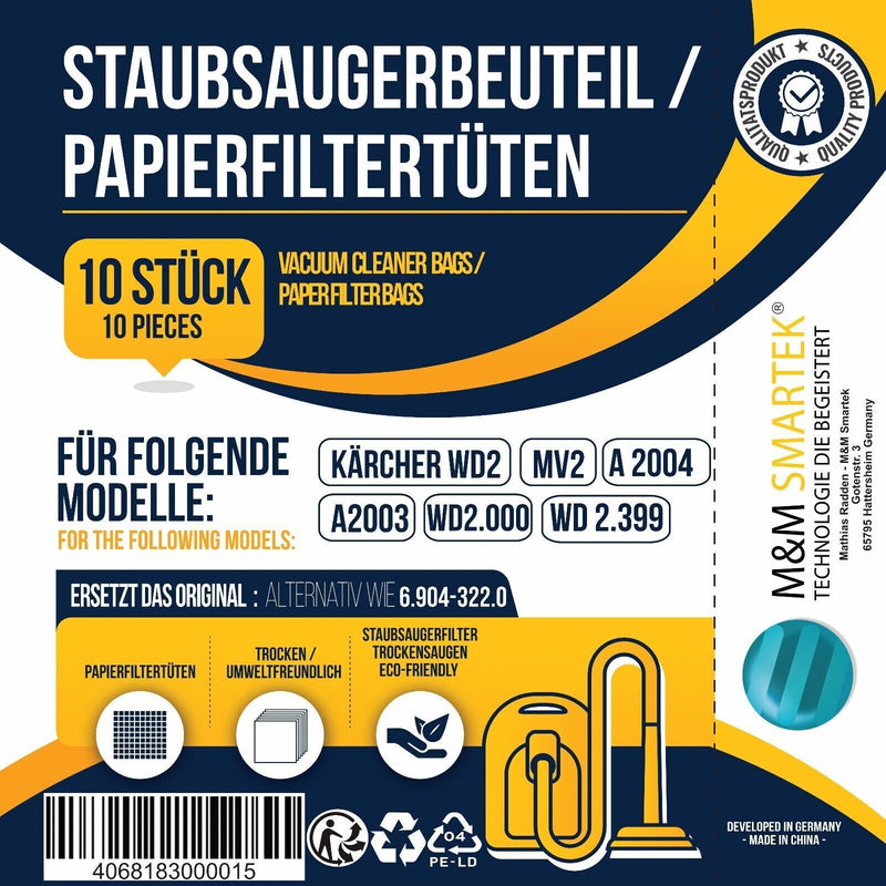 5x - 30x Staubsaugerbeutel Filter für Kärcher wie 6.904-322.0 Serie MV2 WD2 A2003 A2004