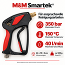 Produktgrafik der Hochdruckpistole mit Angaben zu maximal 350 bar Druck, 150 °C Temperatur und 40 l/min Durchfluss.