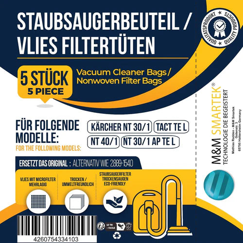 15x Vlies Staubsaugerbeutel für Kärcher wie 2.889-154.0 Kärcher NT 30/1 30 L 30L Vlies