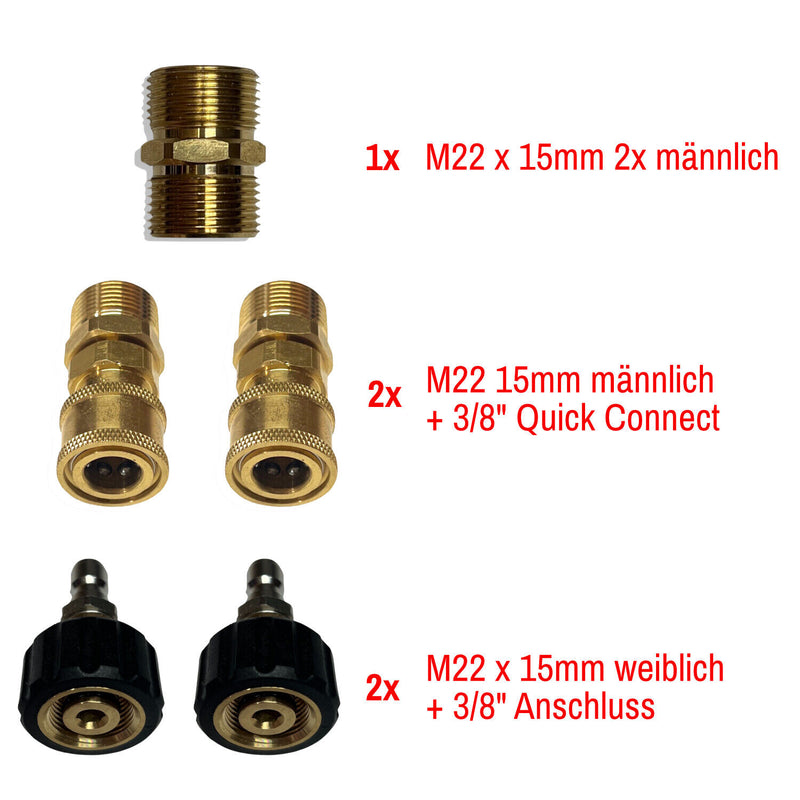 High pressure cleaner hose quick connection kit with M22 15mm adapter set