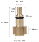 Bemaßter Messing-Bajonettstecker mit seitlichen Flügeln, O-Ring und G1/4-Anschluss.