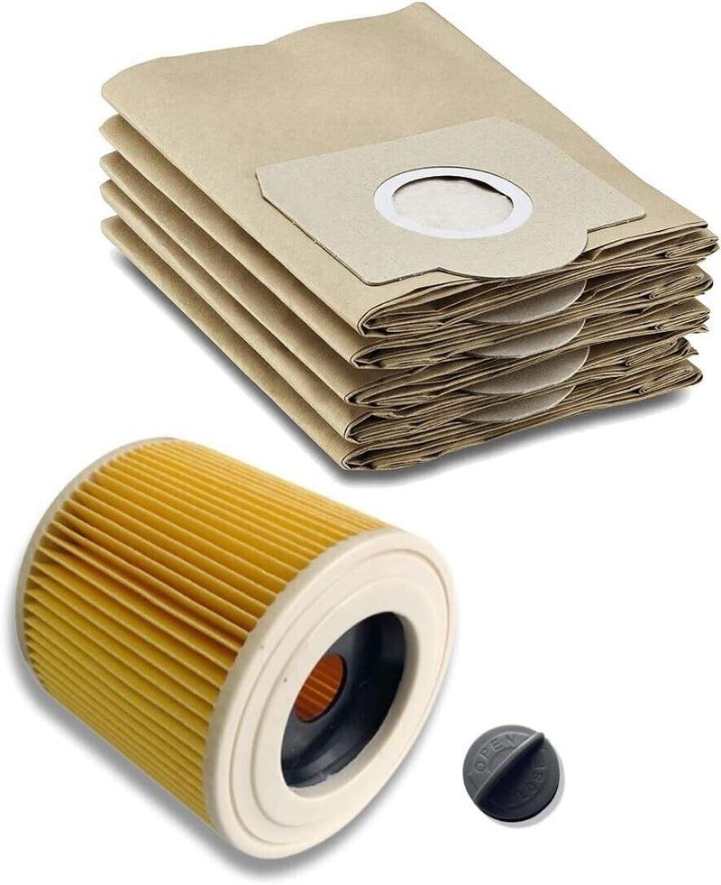 5x Staubsaugerbeutel + 1x Patronenfilter für Kärcher 6.959-130.0 WD2 WD3 MV3
