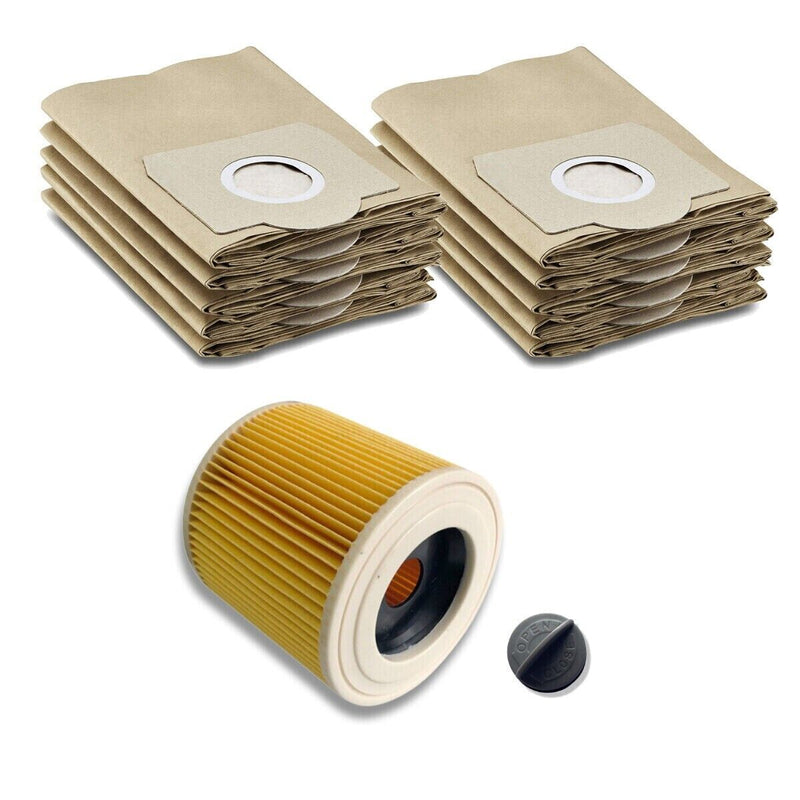 10x vacuum cleaner bags + 1x cartridge filter for Kärcher 6.959-130.0 WD2 WD3 MV3