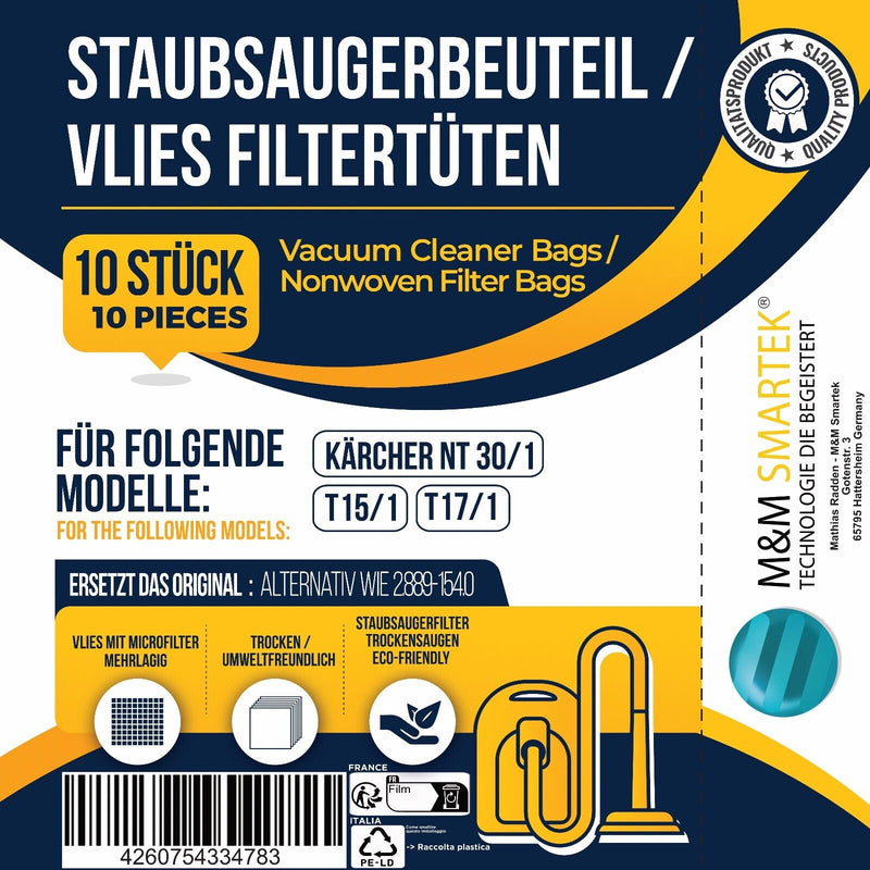 10x Vlies Staubsaugerbeutel für Kärcher wie 2.889-154.0 Kärcher NT 30/1 30 L 30L Vlies