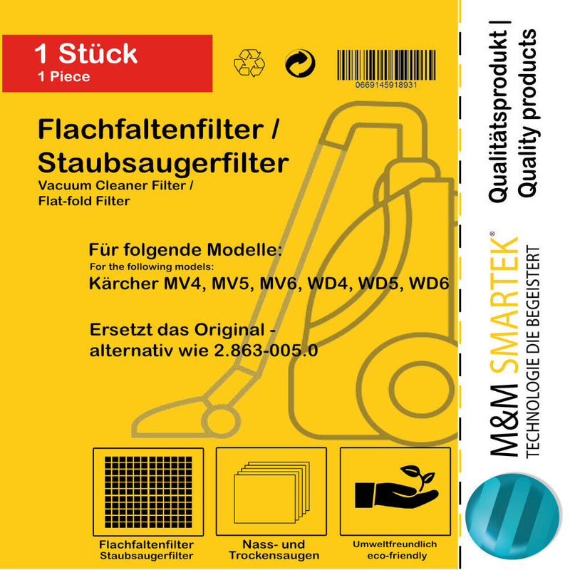 1x flat pleated filter for KÄRCHER - replaces 2.863-005.0 &amp; 15x vacuum cleaner bags