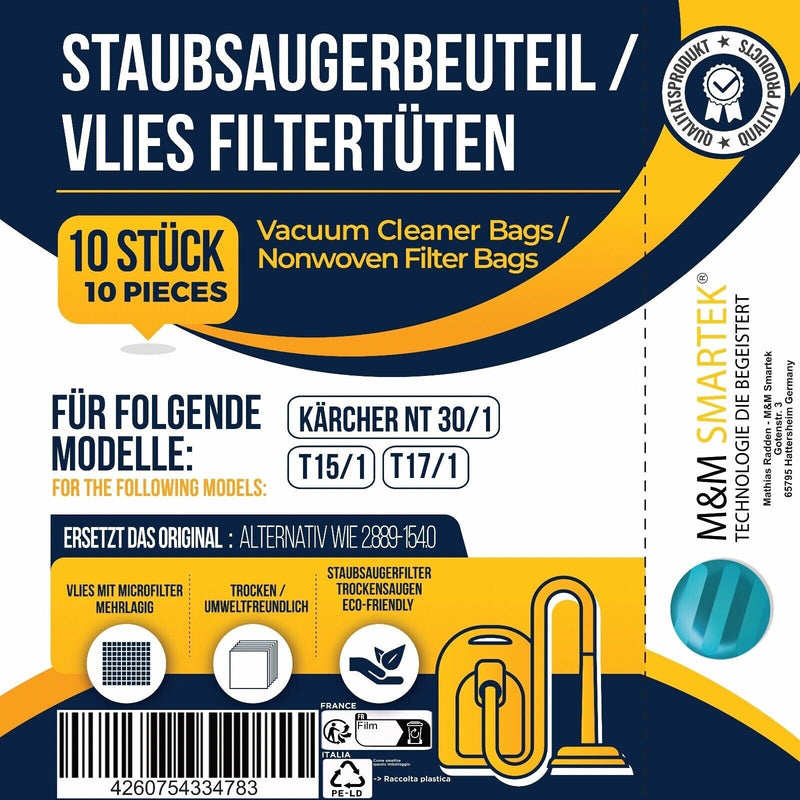 10 bags &amp; 1x filter suitable for Kärcher 2.889-154.0 Kärcher NT 30/1 30 L 30L