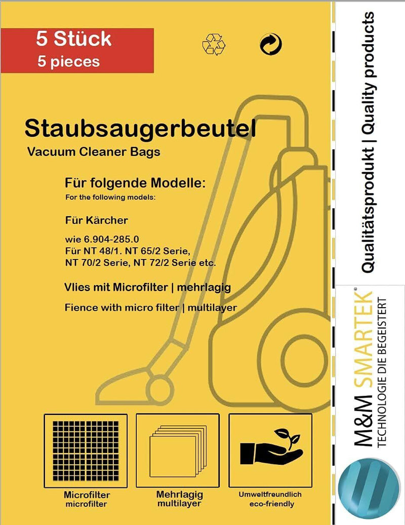 5 vacuum cleaner bags for Kärcher NT 48/1 NT 65/2 NT 70/2 NT 72/2 6.904-285.0
