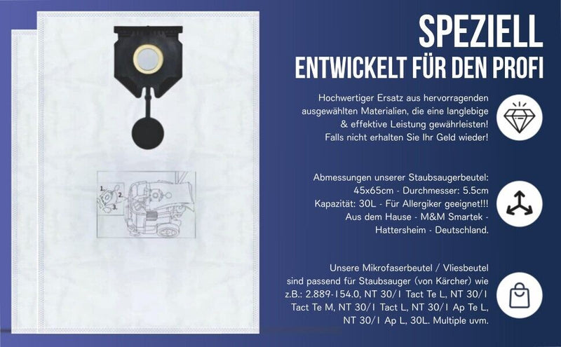 10x Vlies Staubsaugerbeutel für Kärcher wie 2.889-154.0 Kärcher NT 30/1 30 L 30L Vlies