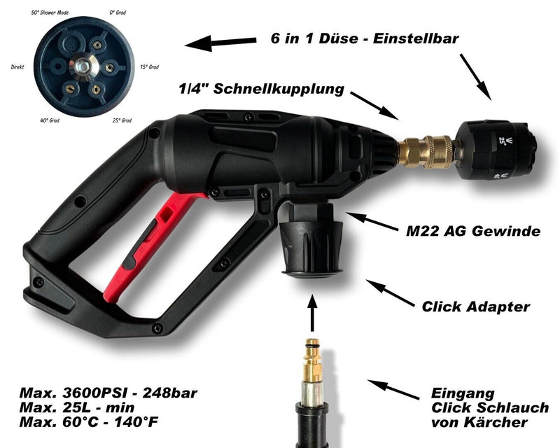 High pressure gun for Kärcher etc. &amp; 6 in 1 nozzle quick coupling click adapter