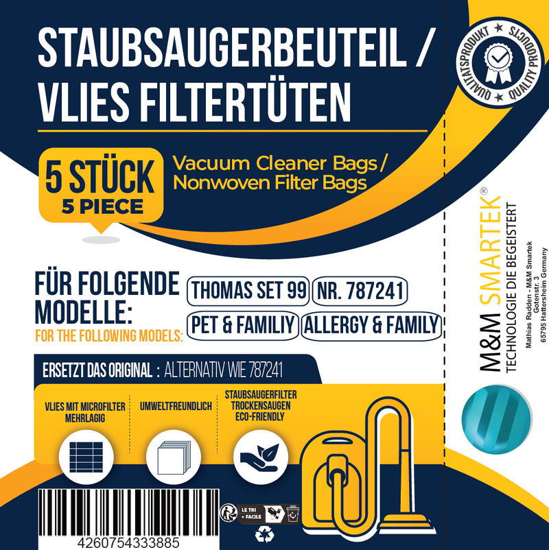 5x Staubsaugerbeutel Vlies geeignet für Thomas AQUA Pet + Family Anti Allergy